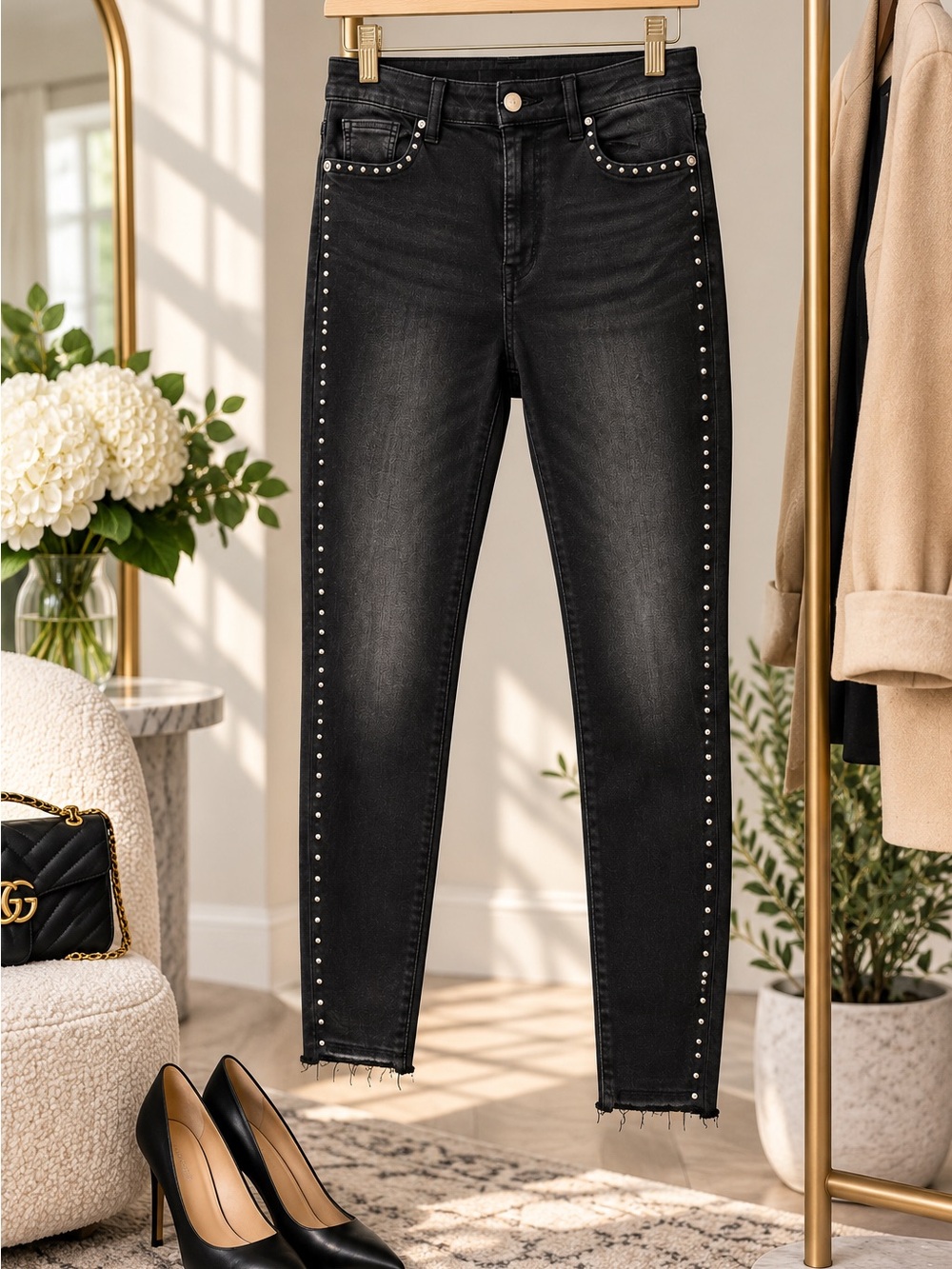 DL1961 Chrissy Black Studded Ultra High Rise Skinny Jeans Size 30 Raw Hem